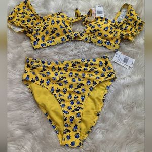 NWT Jessica Simpson Bikini yellow floral print off the shoulder flutter sleeves